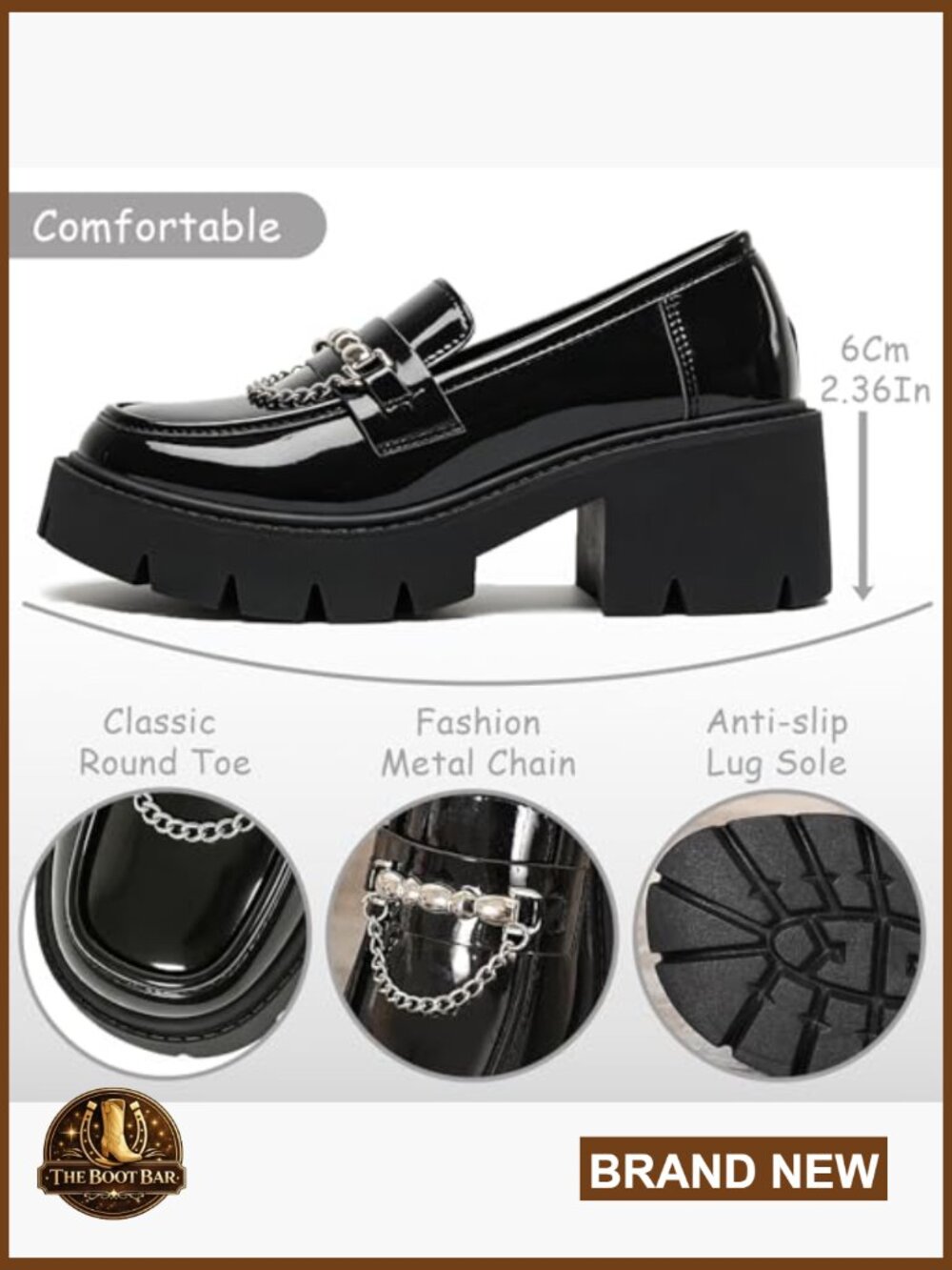 Chunky Heel Platform Loafers with Chain Detail Slip-On Lug Sole Dress Shoes - Picture 4 of 7
